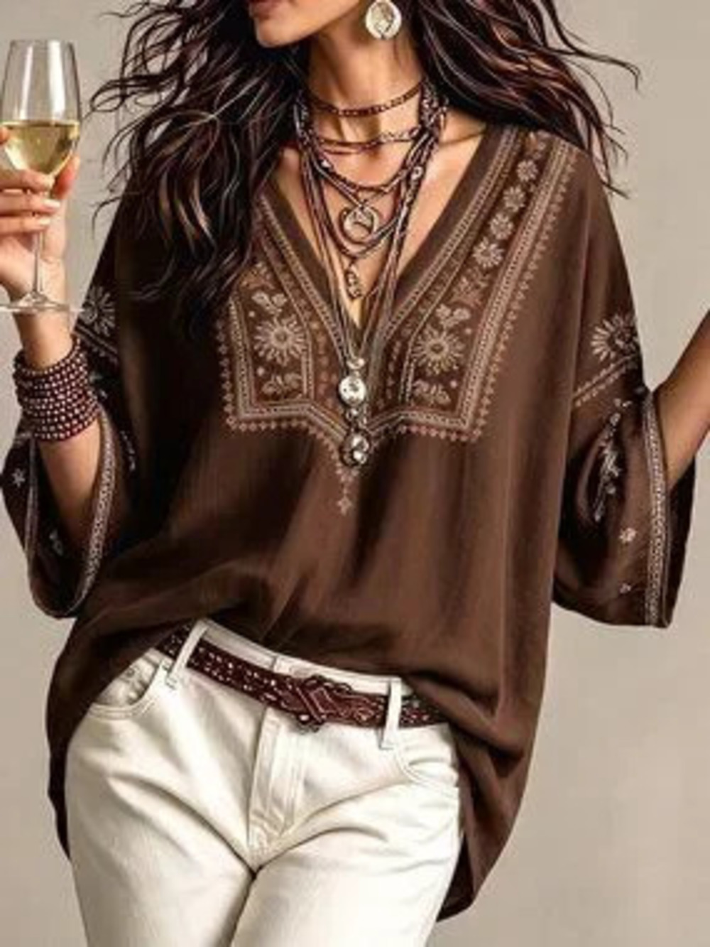 Multicolor Boho Women's Loose Embroidery Fringe Floral Print Batwing V-Neck Top